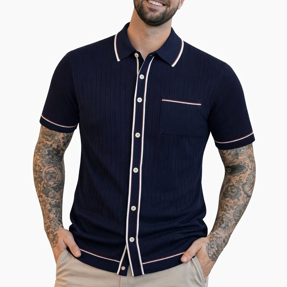 Large Men's Short Sleeve Full Placket RIVIERA Knit Polo Shirt Piped MOD 60s Blue